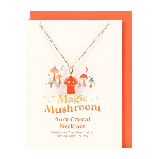 Orange Aura Crystal Mushroom Necklace & Greetings Card