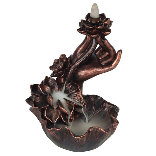 BRONZE EFFECT HAND WITH FLOWER BACKFLOW INCENSE BURNER